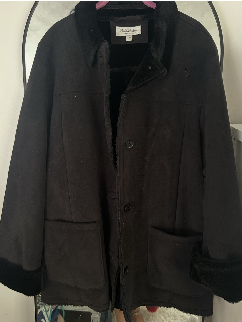 Brooks Brothers Black Suede Shearling-Lined Pea Coat